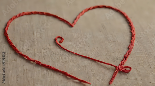 a red string heart on a wooden table