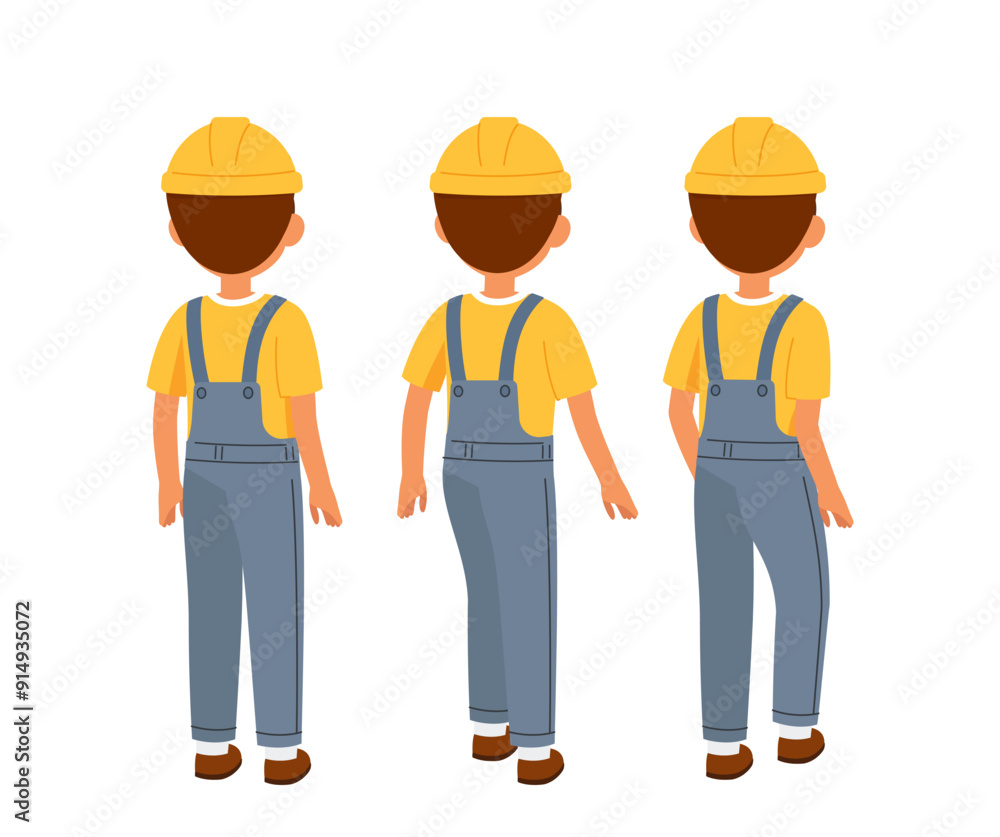 Male worker constructor. Man in protective hardhat back view. Kit for customizations. Pack of character in different poses. Construction and architecture. Flat vector collection Male worker constructor. Man in protective hardhat back view. Kit for customizations. Pack of character in different poses. Construction and architecture. Flat vector collection