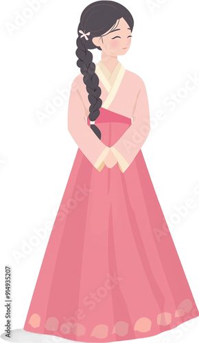 Transparent background cute woman dressed in traditional Korean hanbok illustration, showcasing elegance and cultural heritage with soft colors and delicate details. 한복 입은 귀여운 소녀. 한국의 예쁜 소녀 일러스트 캐릭터 photo