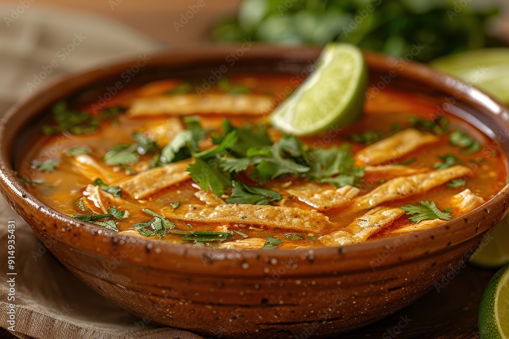 Delicious Authentic Mexican Tortilla Soup with Fresh Cilantro and Lime Wedges Delicious Authentic Mexican Tortilla Soup with Fresh Cilantro and Lime Wedges