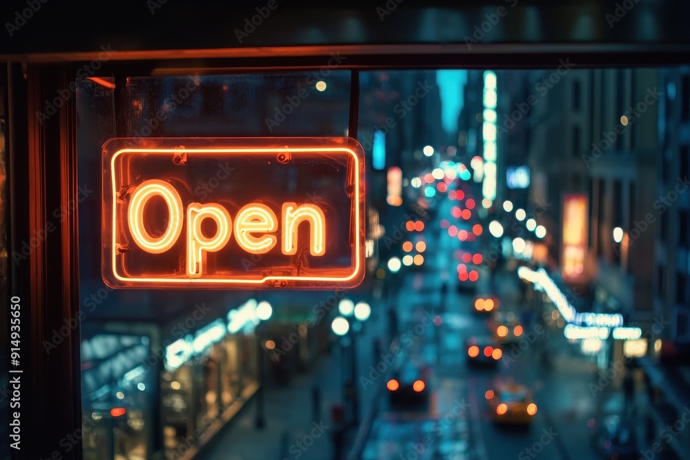 Bright neon open sign illuminating a bustling city street at night, inviting customers to enter the vibrant atmosphere. Bright neon open sign illuminating a bustling city street at night, inviting customers to enter the vibrant atmosphere.