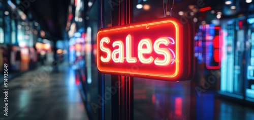 Bright neon sales sign in a shopping arcade, inviting customers with vibrant colors and an exciting atmosphere for promotions.