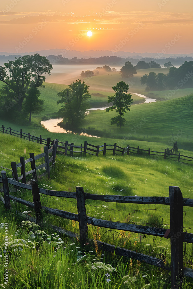 Obraz premium Sunrise Serenity: A Tranquil Morning Landscape with Rolling Hills, Dew-Kissed Flowers, and a Winding River Under a Golden Sun