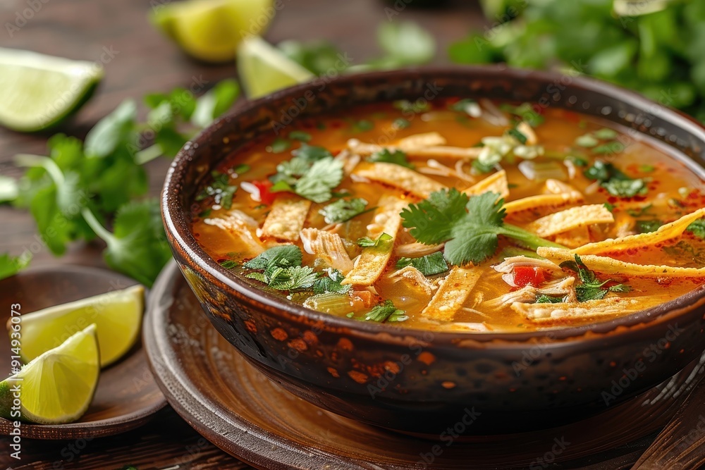 Delicious Authentic Mexican Tortilla Soup with Fresh Cilantro and Lime Wedges Delicious Authentic Mexican Tortilla Soup with Fresh Cilantro and Lime Wedges