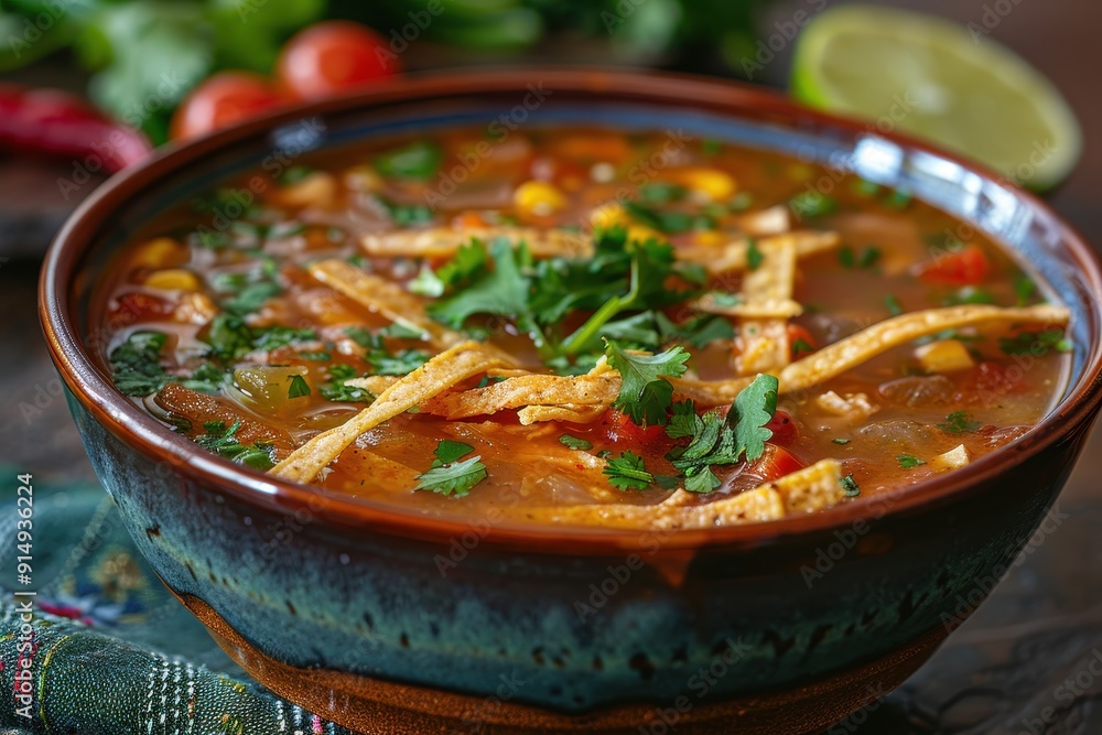 Delicious Authentic Mexican Tortilla Soup with Fresh Cilantro and Lime Wedges Delicious Authentic Mexican Tortilla Soup with Fresh Cilantro and Lime Wedges