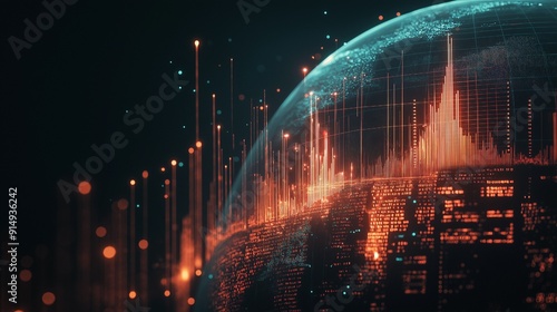 Stock market and market growth concept with digitally glowing financial chart graphs, diagrams, and candlesticks on a dark globe silhouette background. 3D rendering