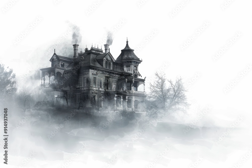 Eerie silhouette of a haunted mansion against a moonlit sky Eerie silhouette of a haunted mansion against a moonlit sky
