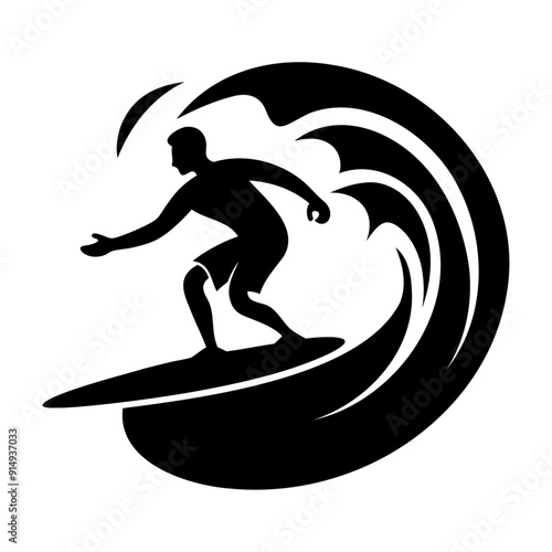 Black silhouette surfing icon and vector illustration