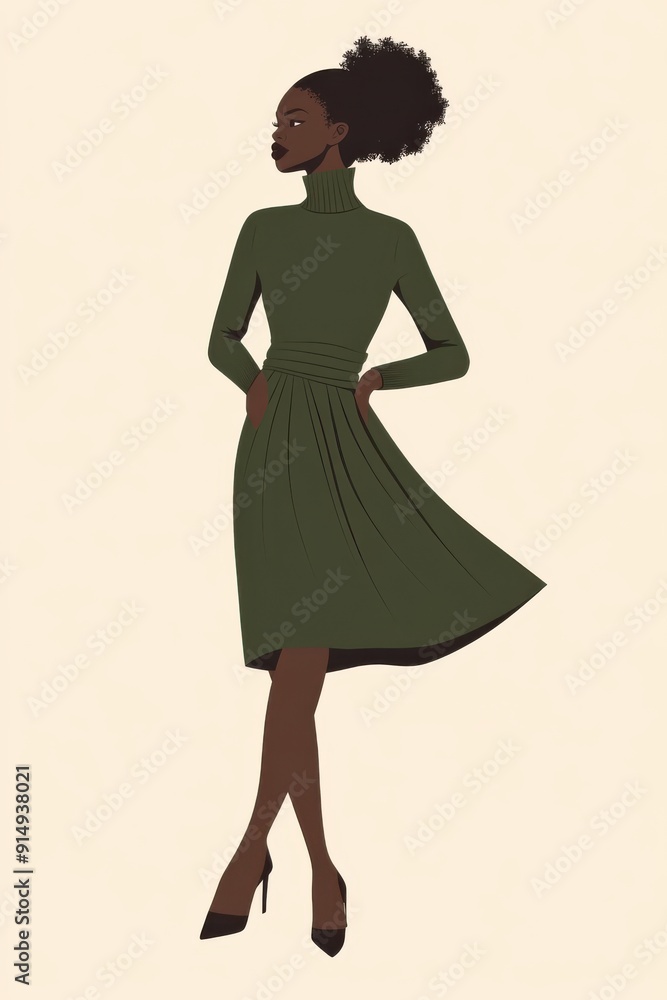Fototapeta premium Minimalism illustration, a Black woman, wearing a chic wrap skirt in olive green with a fitted turtleneck, standing with one hand adjusting her skirt, high fashion, flat illustration on warm cream 