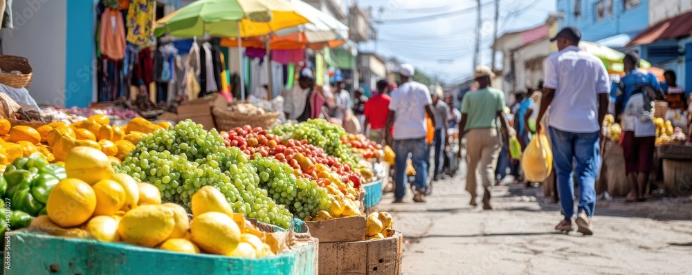Fototapeta premium Fresh Produce and Busy Street Scene in Zanzibar.