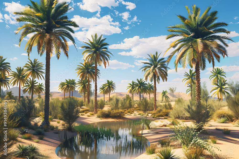 Fototapeta premium Palm Trees Oasis in Desert 3D Illustration