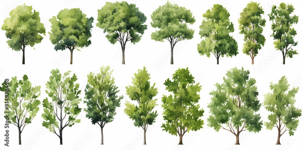 Fototapeta premium Tree watercolor style vector illustration set