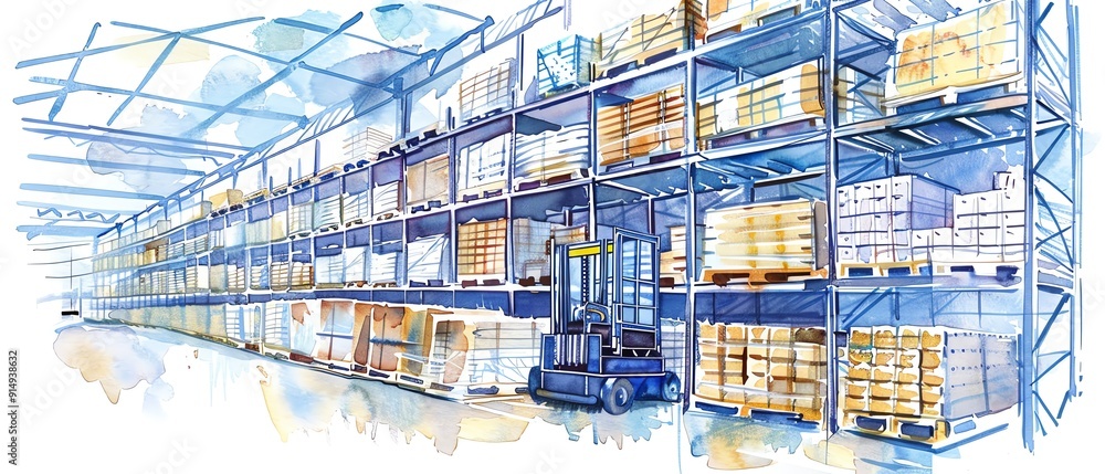 A vivid illustration of a spacious warehouse with tall shelves and a forklift, highlighting industrial storage solutions and logistics. A vivid illustration of a spacious warehouse with tall shelves and a forklift, highlighting industrial storage solutions and logistics.