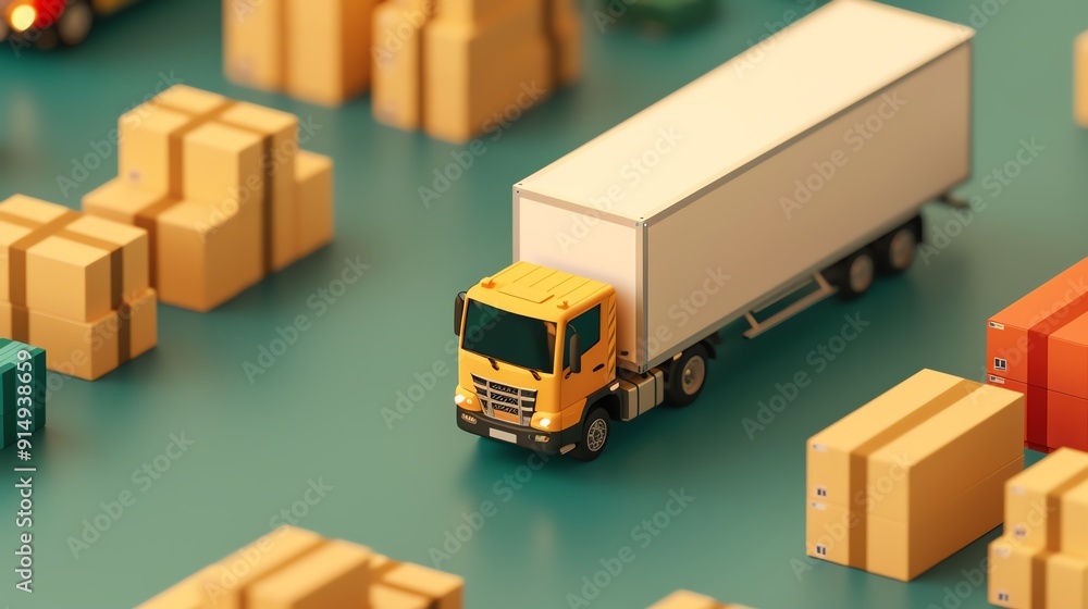 A miniature model of a delivery truck surrounded by various cardboard boxes, depicting logistics and transportation concepts. A miniature model of a delivery truck surrounded by various cardboard boxes, depicting logistics and transportation concepts.