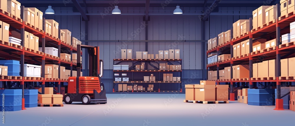 Fototapeta premium A well-organized warehouse with shelves of boxes and a forklift ready for inventory management and storage solutions.