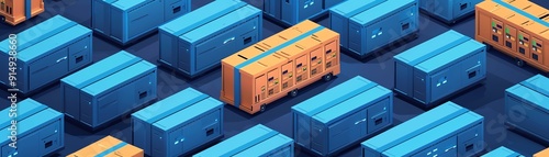 A pattern of blue and orange shipping containers, symbolizing global trade and logistics on a blue background.
