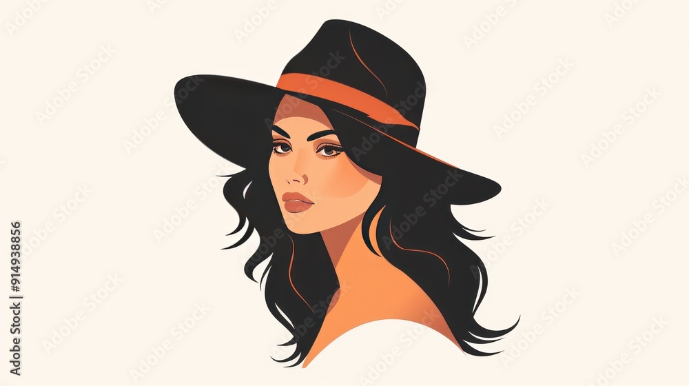 Portrait lady with an elegant hat on white background. Beauty logo design. Vector illustration of a beautiful woman. Generative AI