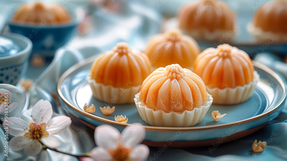 chinese traditional moon cake and tea on the table, bright colors, with flowers decoration, elegant mid-autumn festival. Generative AI chinese traditional moon cake and tea on the table, bright colors, with flowers decoration, elegant mid-autumn festival. Generative AI