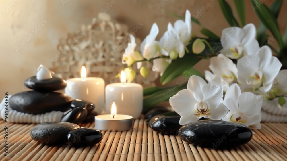 Design a peaceful spa scene featuring white orchid flowers, scented candles, and smooth black stones on a bamboo mat Design a peaceful spa scene featuring white orchid flowers, scented candles, and smooth black stones on a bamboo mat