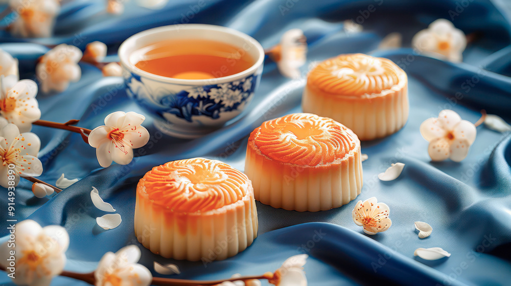 chinese traditional moon cake and tea on the table, bright colors, with flowers decoration, elegant mid-autumn festival. Generative AI chinese traditional moon cake and tea on the table, bright colors, with flowers decoration, elegant mid-autumn festival. Generative AI
