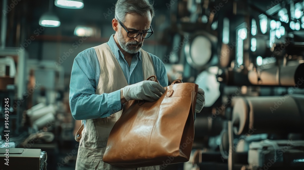 Obraz premium Leather Goods Craftsman Inspecting a Bag.