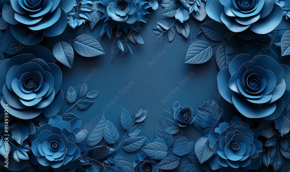 A creative 3D Cobalt Blue monochrome floral pattern of abstract roses, framed by a subtle border with plenty of copy space A creative 3D Cobalt Blue monochrome floral pattern of abstract roses, framed by a subtle border with plenty of copy space