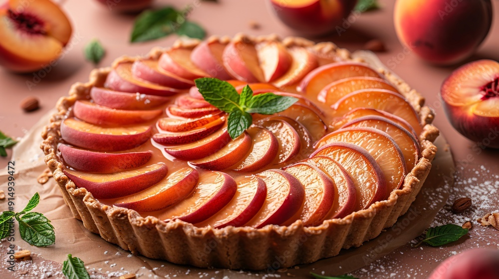 Beautifully arranged still life of a peach tart with fresh mint