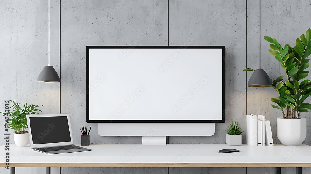 Modern home office with a TV and digital devices, blank screen for copy space, World Television Day theme