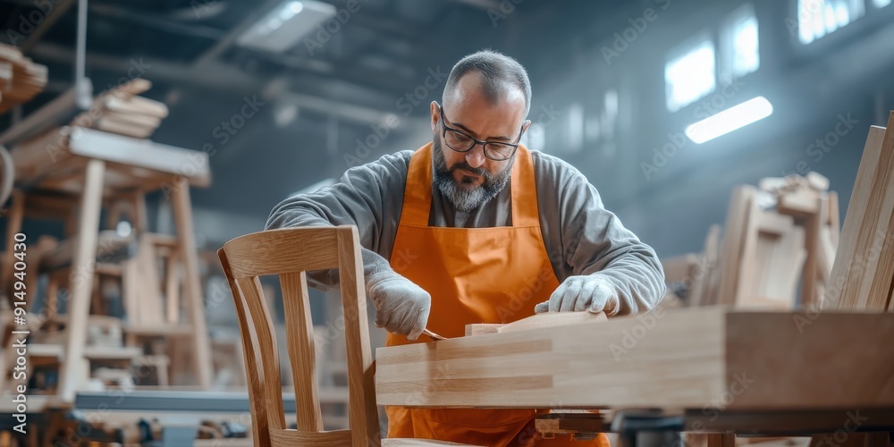 Carpenter Working on Wooden Chair in Workshop. Carpenter Working on Wooden Chair in Workshop.