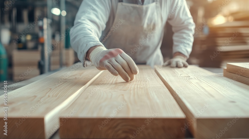 Carpenter Inspecting Wood In Workshop. Carpenter Inspecting Wood In Workshop.
