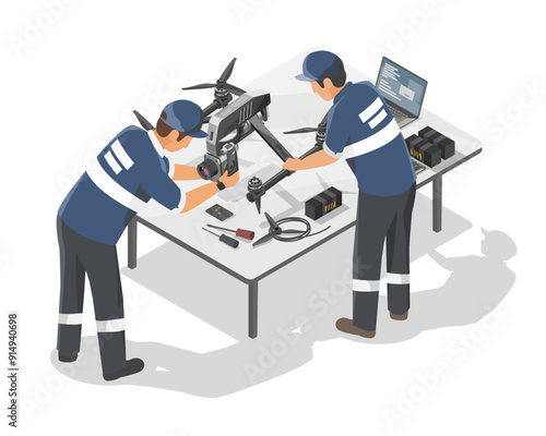 Industrial UAV drone engineer developer for industrial inspaction tecnology isometric isolated