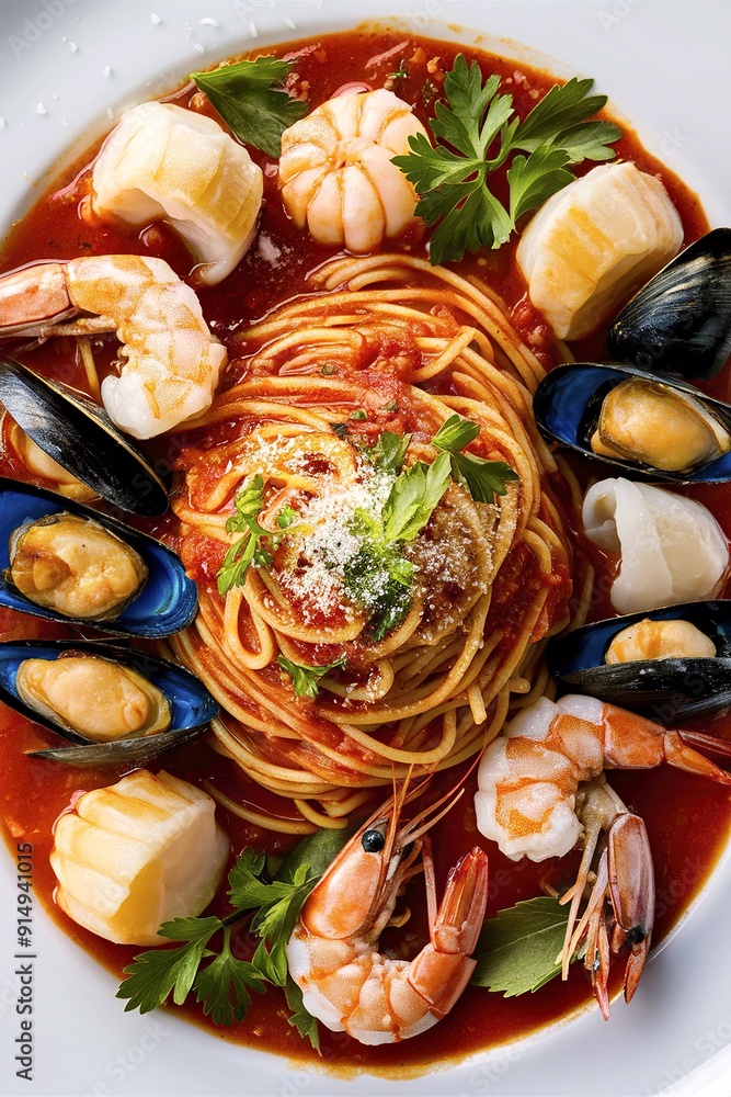 Spaghetti Seafood with Tomato Sauce Decorated with beautiful ingredients Spaghetti Seafood with Tomato Sauce Decorated with beautiful ingredients