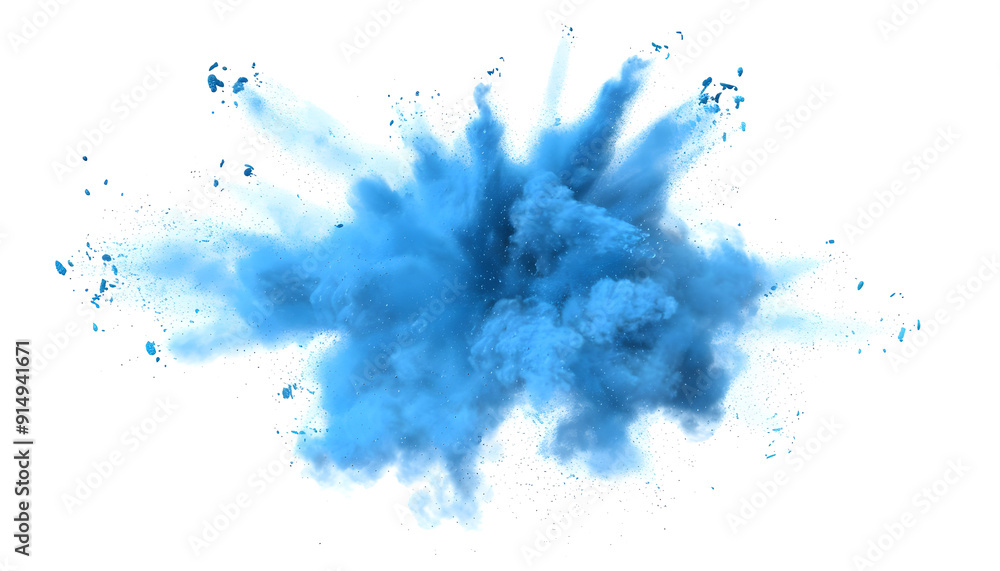 Bright blue Holi paint color powder festival explosion burst isolated white background. industrial print concept background isolated on a white background design Bright blue Holi paint color powder festival explosion burst isolated white background. industrial print concept background isolated on a white background design