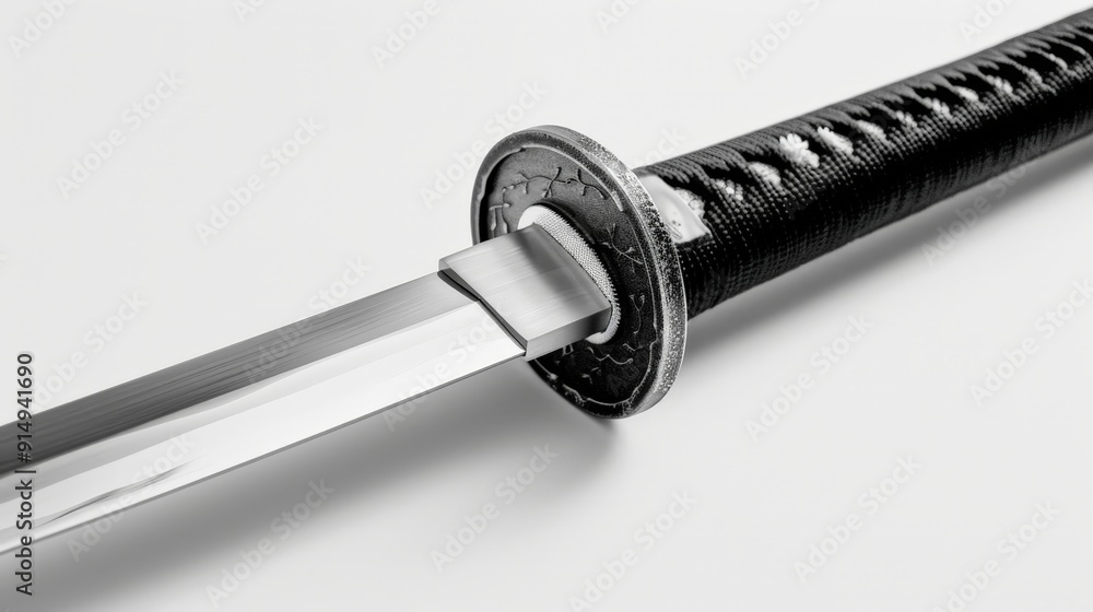 A sleek and modern katana with a beautifully wrapped handle and a sharp, reflective blade, set against a white background to highlight its precision and artistry. A sleek and modern katana with a beautifully wrapped handle and a sharp, reflective blade, set against a white background to highlight its precision and artistry.