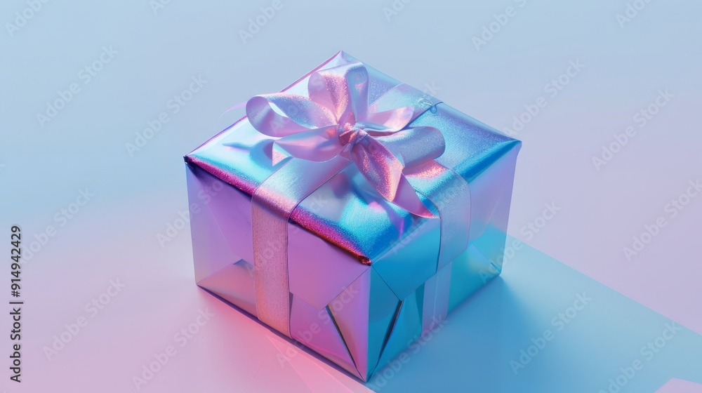 Chic gift box with a holographic finish and a contrasting ribbon, isolated on a white background, capturing its trendy and eye-catching design. Chic gift box with a holographic finish and a contrasting ribbon, isolated on a white background, capturing its trendy and eye-catching design.