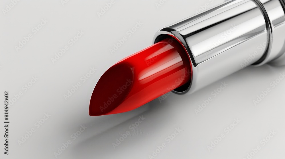 Close-up of a lipstick with a sleek silver tube, isolated on a clean white background, showcasing its vibrant red color and glossy finish. Close-up of a lipstick with a sleek silver tube, isolated on a clean white background, showcasing its vibrant red color and glossy finish.