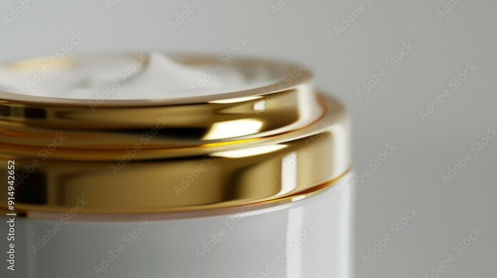 Close-up of a luxurious cream jar with a glossy gold lid, isolated on a clean white background, highlighting its elegant design and rich texture. Close-up of a luxurious cream jar with a glossy gold lid, isolated on a clean white background, highlighting its elegant design and rich texture.