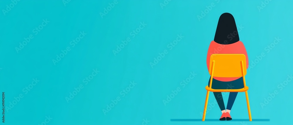 Illustration of a woman sitting on a chair facing a blue background. Minimalistic design depicting solitude and contemplation. Illustration of a woman sitting on a chair facing a blue background. Minimalistic design depicting solitude and contemplation.