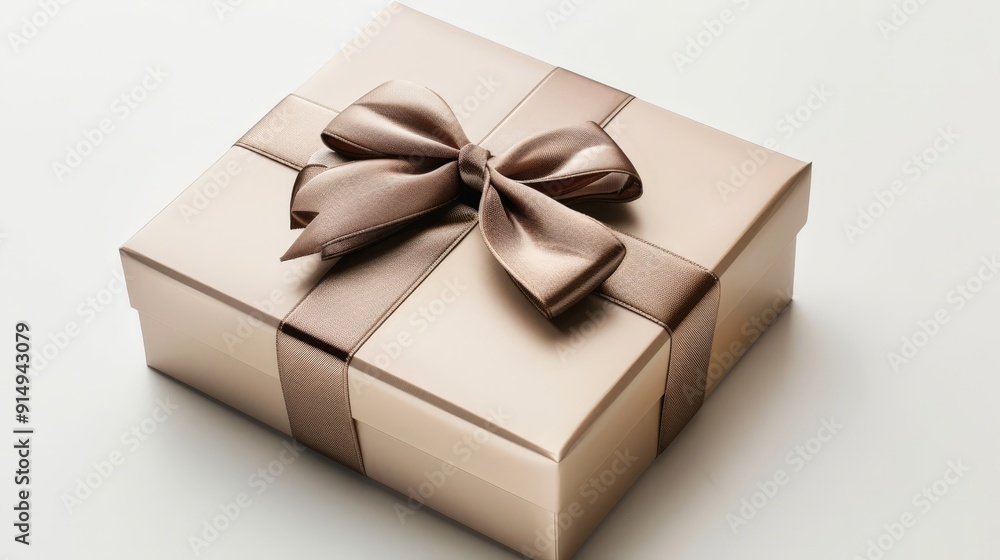Elegant gift box with a glossy finish, tied with a luxurious ribbon and a bow, isolated on a clean white background, showcasing its sophisticated and festive presentation. Elegant gift box with a glossy finish, tied with a luxurious ribbon and a bow, isolated on a clean white background, showcasing its sophisticated and festive presentation.