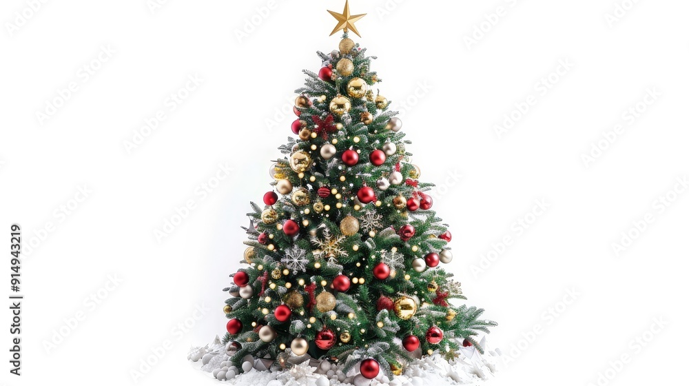 Festive Christmas tree with a mix of red, green, and gold decorations, surrounded by snowflakes and glitter, isolated on a white background to enhance its cheerful holiday appearance. Festive Christmas tree with a mix of red, green, and gold decorations, surrounded by snowflakes and glitter, isolated on a white background to enhance its cheerful holiday appearance.
