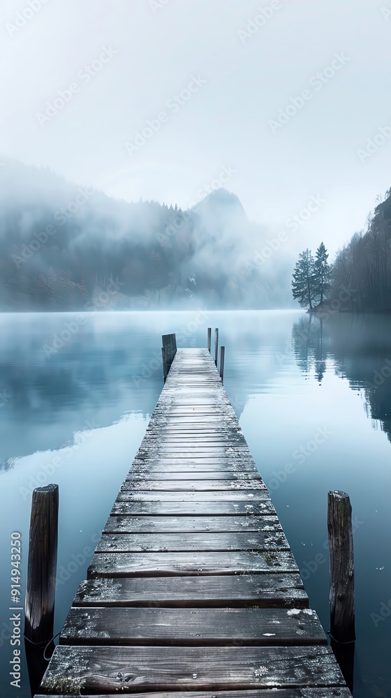 Naklejka premium Serene lake with a wooden dock and mist rising from the water, perfect pastel tone, whimsical style, high resolution, professional create, very detailed, high quality