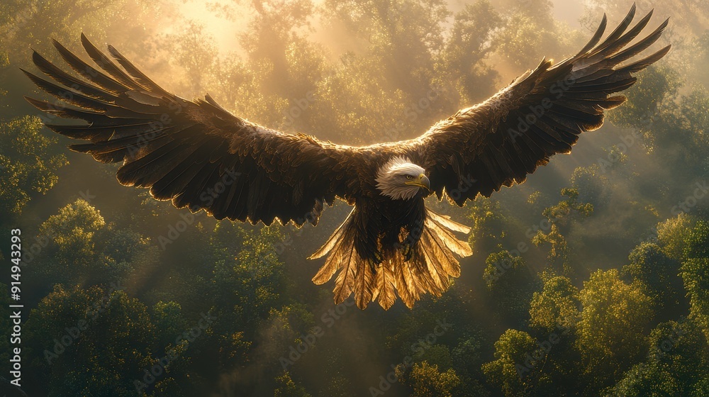 Obraz premium Majestic eagle soaring above a forest, high quality