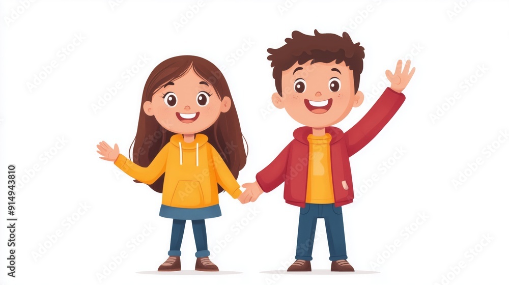 Two children greet the viewer with smiles and waves while holding hands Two children greet the viewer with smiles and waves while holding hands