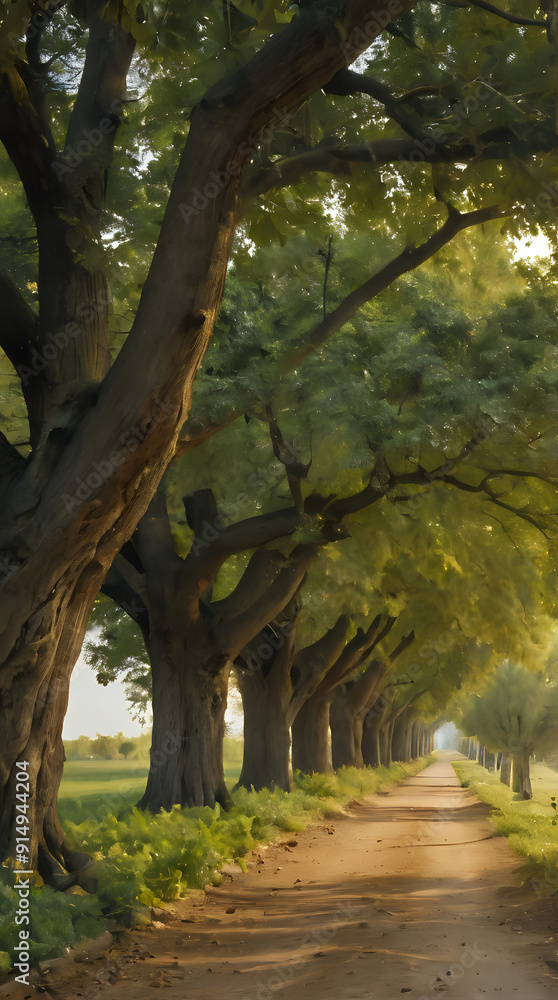 Fototapeta premium trees line a dirt road in a rural area with a bench