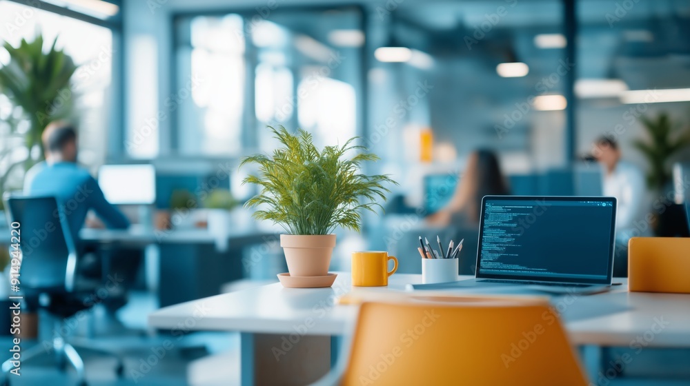 Modern office space featuring a laptop, plants, and collaborative work environment with people engaged in discussions. Modern office space featuring a laptop, plants, and collaborative work environment with people engaged in discussions.