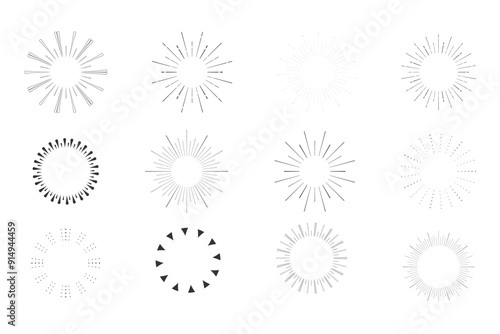 Set Fireworks, rays, sunburst frames circle border decoration, sparkle in doodle style, line sketch explosion isolated on white background.