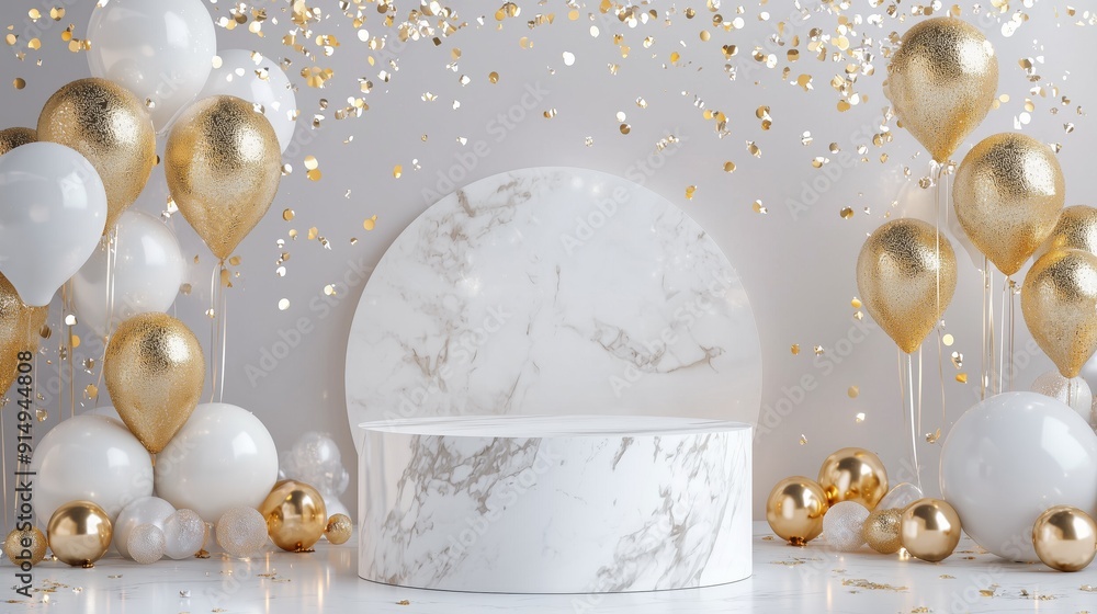 A photo of an empty 3D podium with a marble texture, surrounded by festive balloons and glittering decorations for New Year's Day A photo of an empty 3D podium with a marble texture, surrounded by festive balloons and glittering decorations for New Year's Day