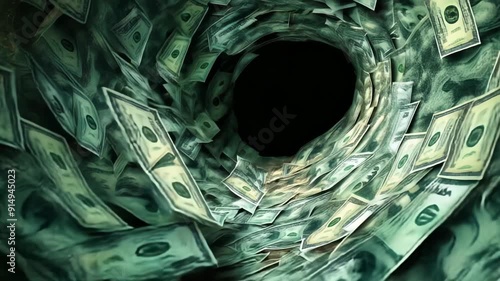 Dollars Flowing into Black Hole - Money Vortex, Financial Crisis, Economic Disaster, Conceptual Imagery, Nighttime, Surreal Theme, Finance Loss, Infinite Abyss