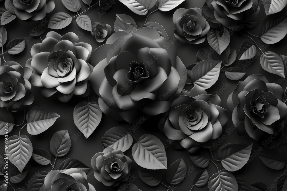 A creative monochrome assortment of abstract roses in 3D, designed with a border and generous copy space for a stylish background A creative monochrome assortment of abstract roses in 3D, designed with a border and generous copy space for a stylish background