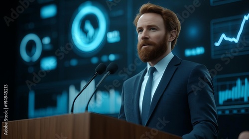 A corporate candidate at a podium, delivering a speech to an audience with floating digital charts and holograms, modern business attire, sleek and professional, 3D rendering